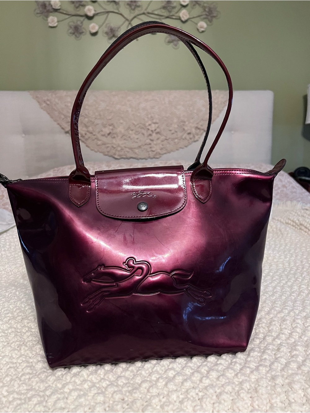 Longchamp Patent Leather Tote in Deep Plum/  Modele Depose.. Rare find!